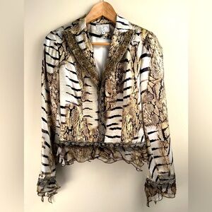 Vintage Albert Makali 100% Silk Animal Print Beaded Dressy Blazer Ruffle Hem 2